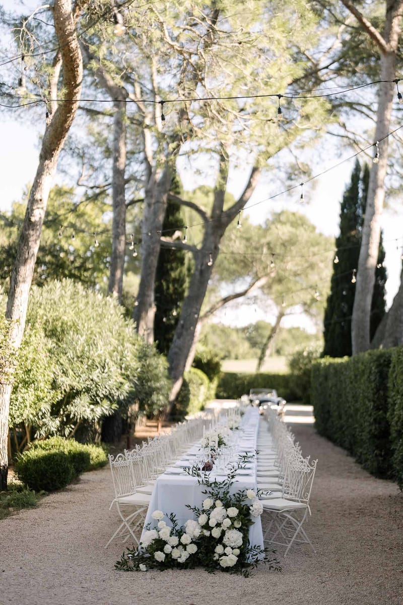 An outdoor wedding reception table setup photographed in a wide portrait shot along a gravel allée lined with tall pine trees and trimmed hedges. A single long feasting table is dressed with a pale grey-blue linen tablecloth and set with glassware, white plates, and candles running its full length. A lush floral runner cascades along the center and spills onto the ground at the near end, composed of white peonies and dark green foliage. White ornate wrought-iron folding chairs line both sides of the table. Edison bulb string lights are strung between the trees overhead, adding ambient lighting for the evening. No guests are present, indicating the shot was taken during setup before the reception. The overall decor palette is white, soft grey-blue, and deep green, with a classic Provençal garden style.