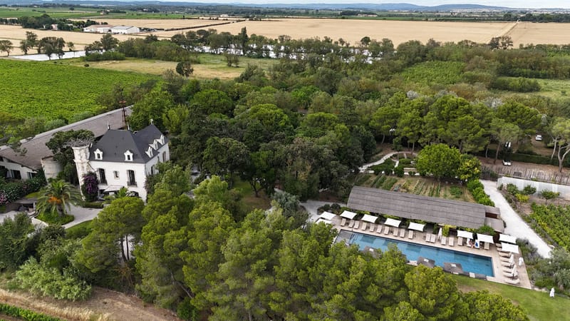 Aerial wide shot of a French estate property showing the full grounds from above. The main building is a white-rendered château with a dark grey mansard roof, dormer windows, and a distinctive tower feature, bordered by a vineyard to the left. To the right of the main house, a large rectangular pool with a wooden deck is lined with white sun loungers and white parasols, alongside a long low-roofed outbuilding that appears to serve as a pool house or event barn. A kitchen garden with planted rows is visible beyond the pool area. The property is set within extensive wooded grounds, with agricultural fields and further vineyards extending into the background. No people or wedding-specific decor are visible in this shot. Potential venue feature image.