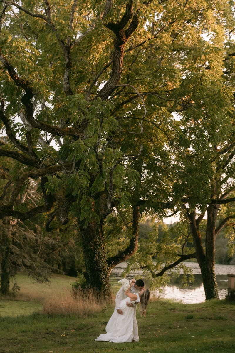 A couple shares a dip kiss during outdoor wedding portraits, positioned beneath a large mature tree in a parklike garden setting with a body of water and what appears to be a stone bridge visible in the background. The bride wears a white lace fitted gown with a short train and holds a bouquet of white flowers, likely white hydrangeas or peonies, while the groom is dressed in a dark suit. The composition is a wide portrait shot, with the couple small relative to the expansive tree canopy, shot in warm golden-hour light that casts a soft amber tone across the scene. The overall styling is classic and natural, with no visible decorative elements beyond the bridal bouquet.