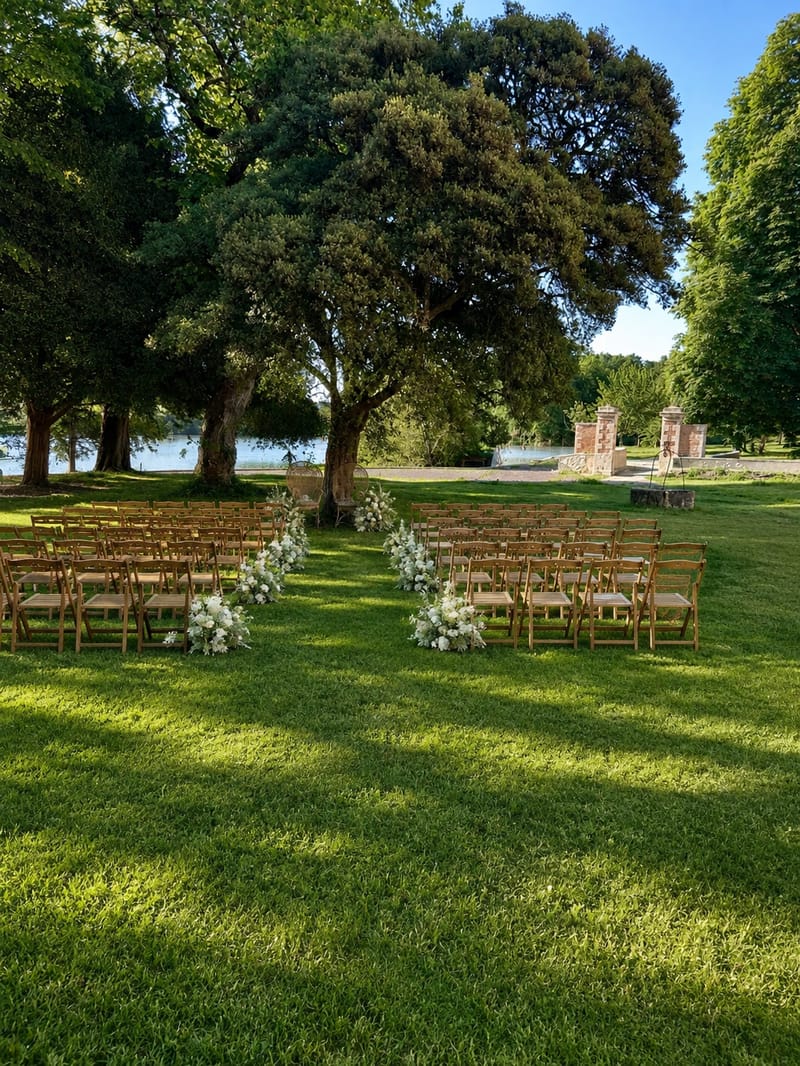 Ceremony seating on the lawn beside the lake, shaded by mature trees