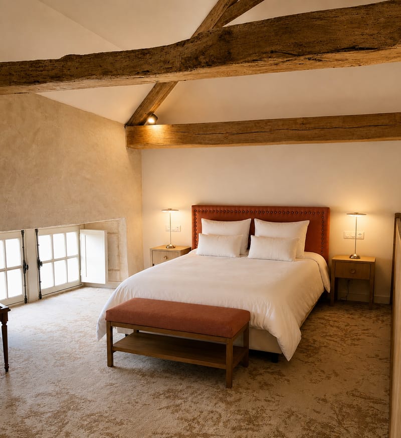 Guest bedroom with exposed beams, a terracotta headboard and a bench at the foot
