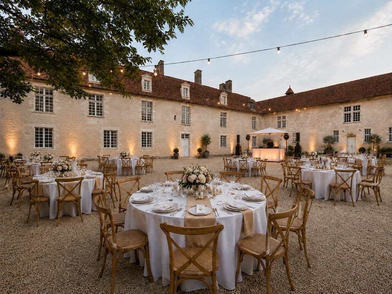 Round tables laid for dinner in the courtyard at dusk, under festoon lights