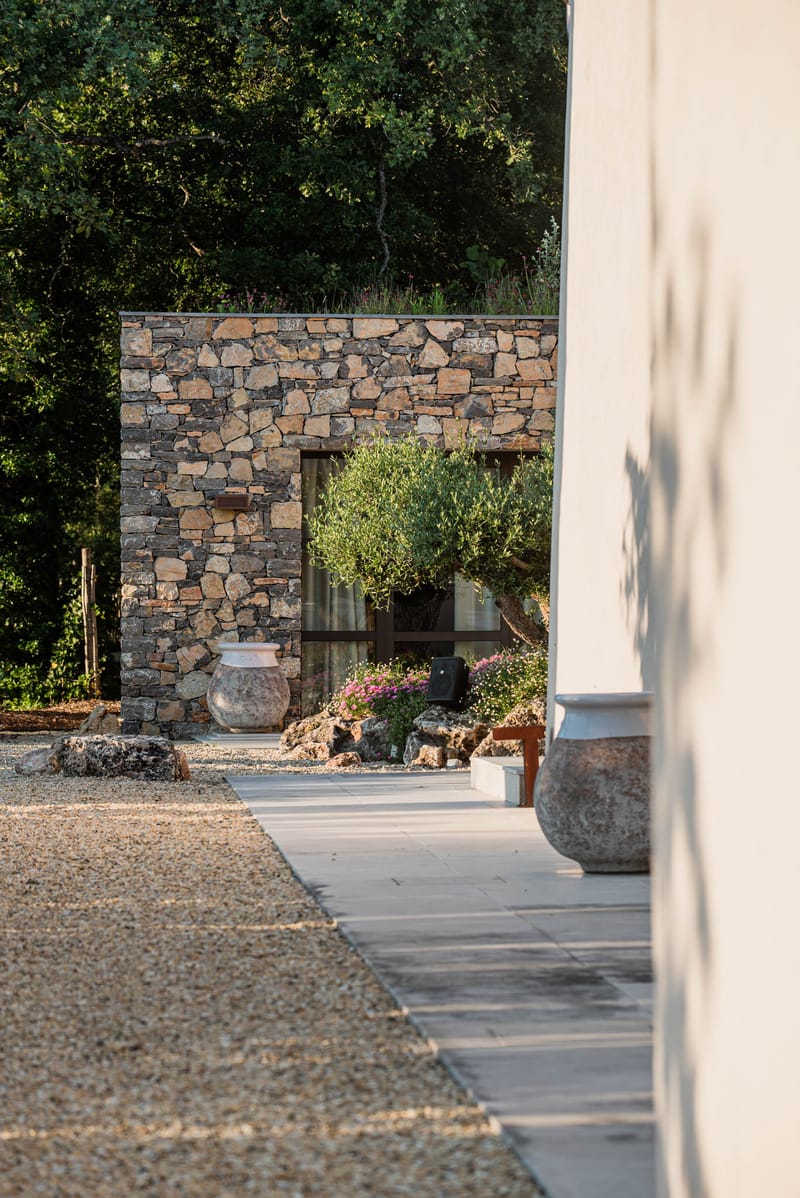 Drystone facade with olive tree and terracotta urn at Domaine de Blacailloux in Provence