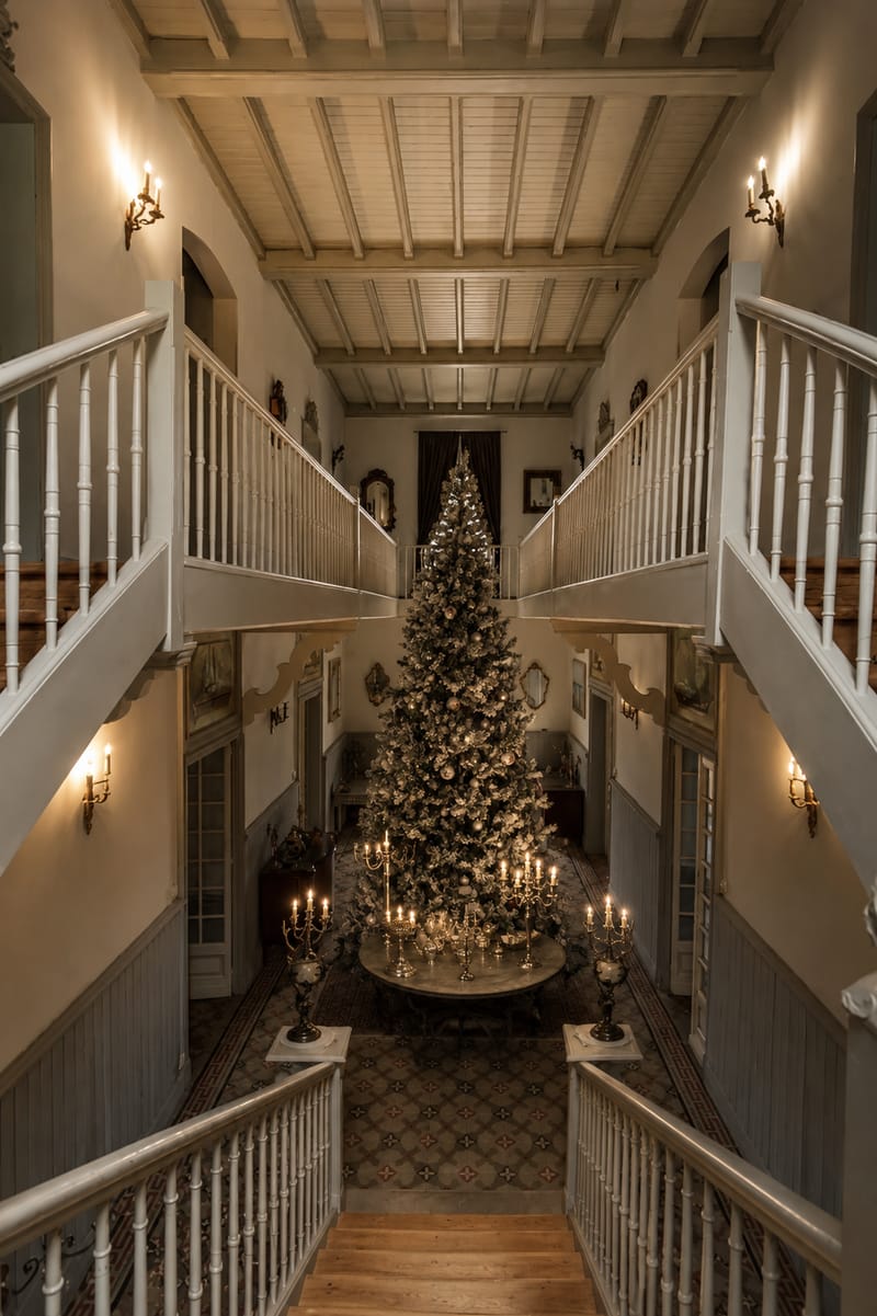 The double staircase hall with a lit Christmas tree at its centre