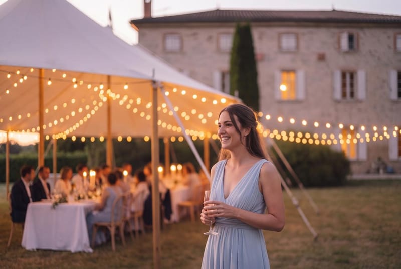 A guest holding champagne beside a sailcloth tent strung with lights, dinner tables inside