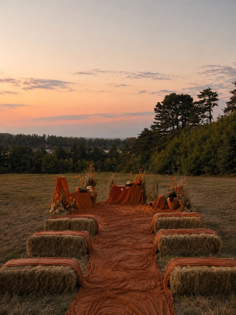 An autumnal outdoor ceremony aisle lined with hay-bale seating and a floral arch, at sunset.