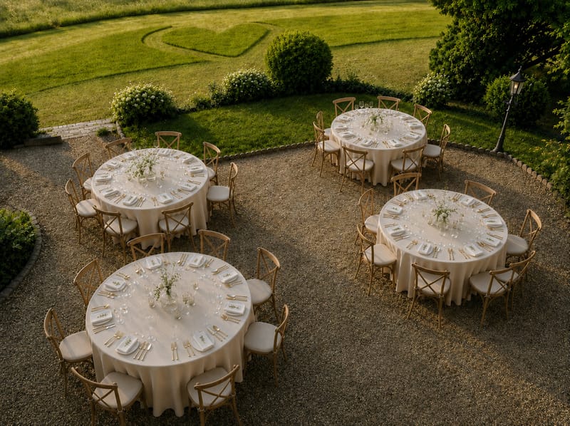 Aerial view of round reception tables set on the gravel courtyard beside a heart-shaped mown lawn.
