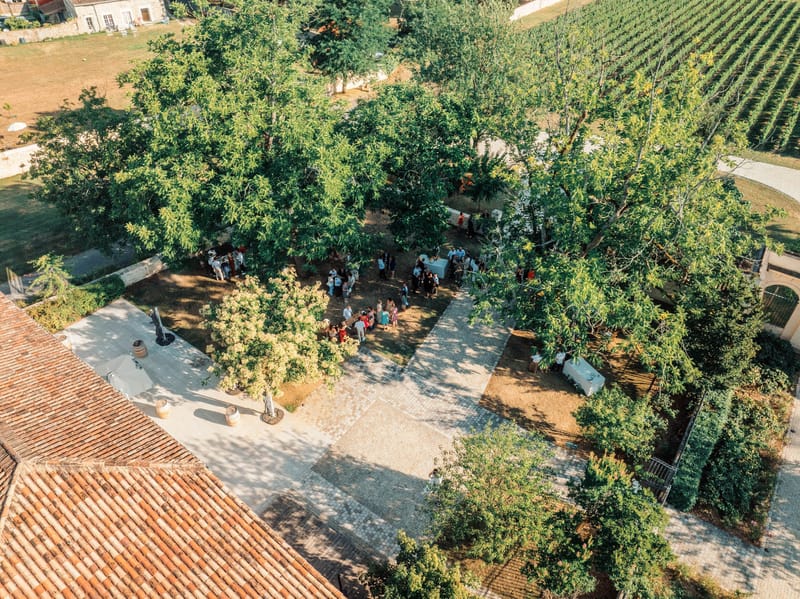Aerial shot of guests gathering in the courtyard under the trees at Chateau de l'Hospital