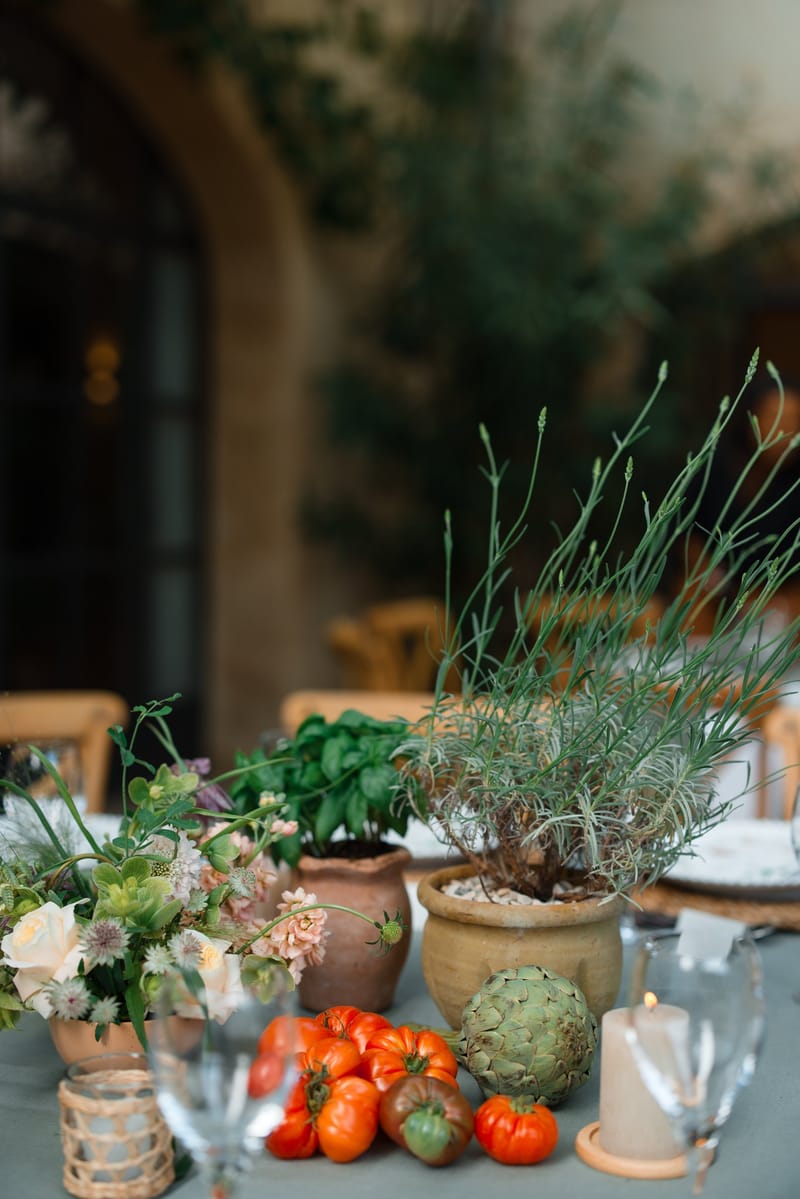 Table styled with potted succulents and citrus