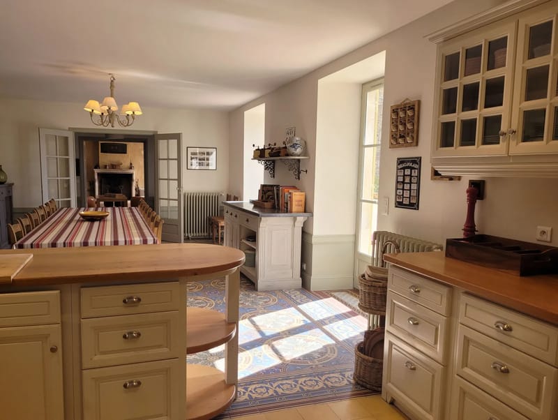 Living room at Domaine de Vavril with bookshelves and leather armchairs