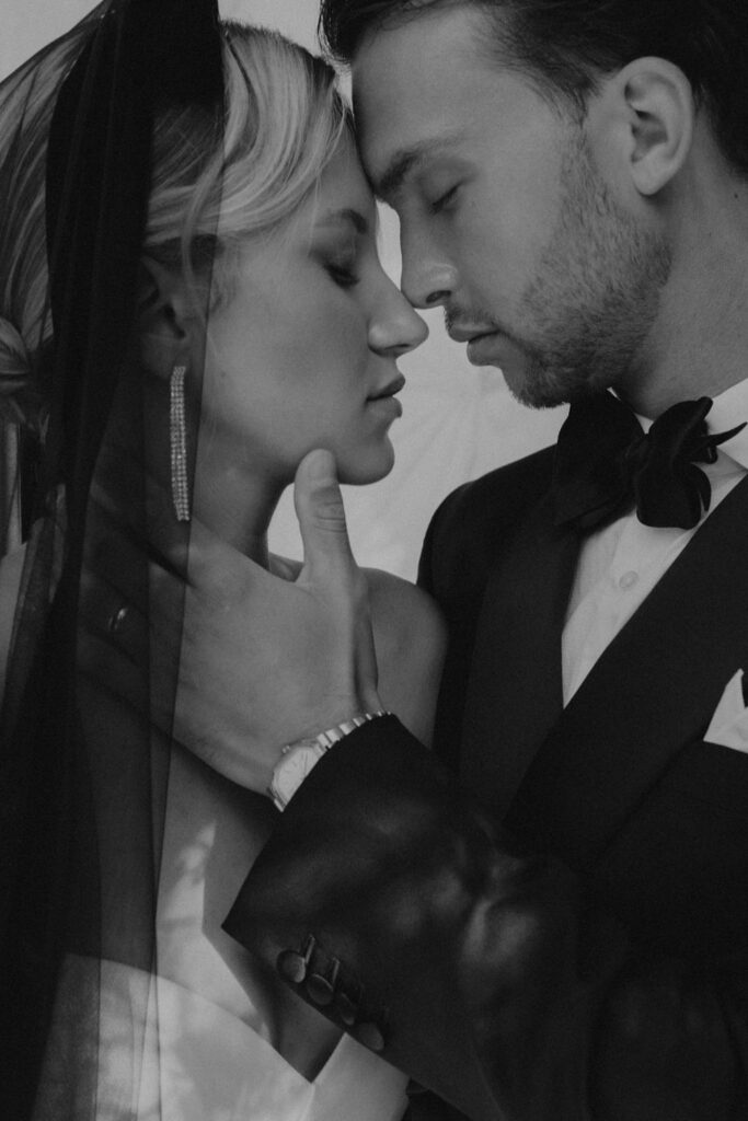 domaine de lamanon ivory romance roxane nicolas french wedding style bride groom face closer together black white picture