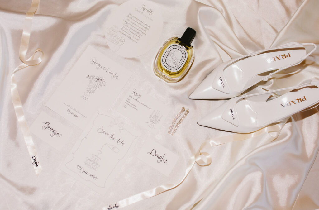 domaine de lamanon ivory romance roxane nicolas french wedding style flatlay shot invitation perfume white shoes