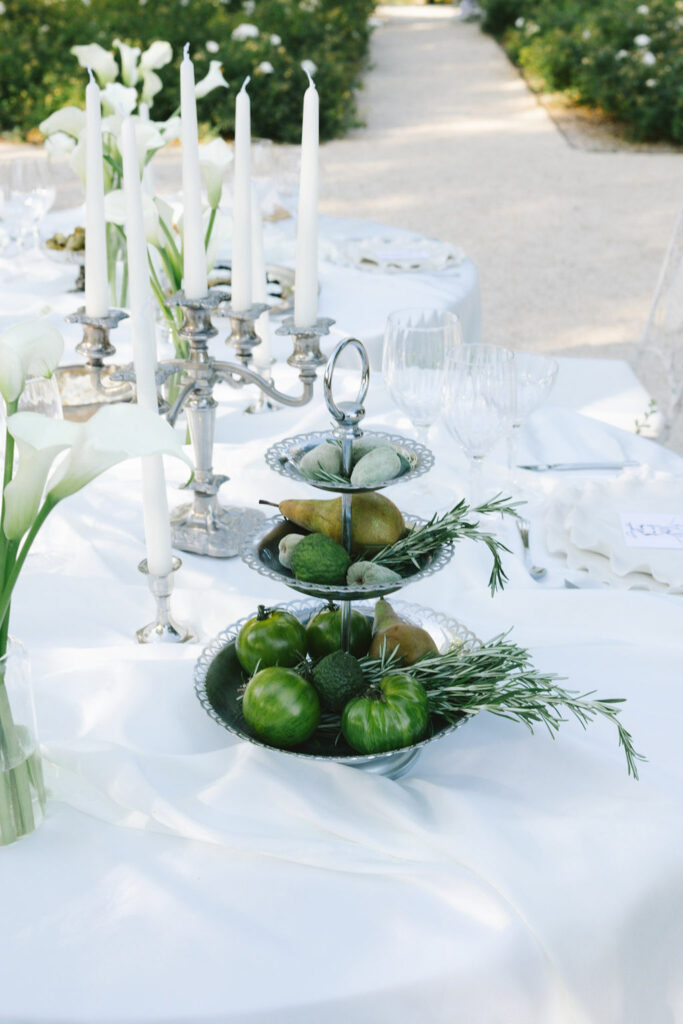 domaine de lamanon ivory romance roxane nicolas french wedding style fruits in silver three tier tray