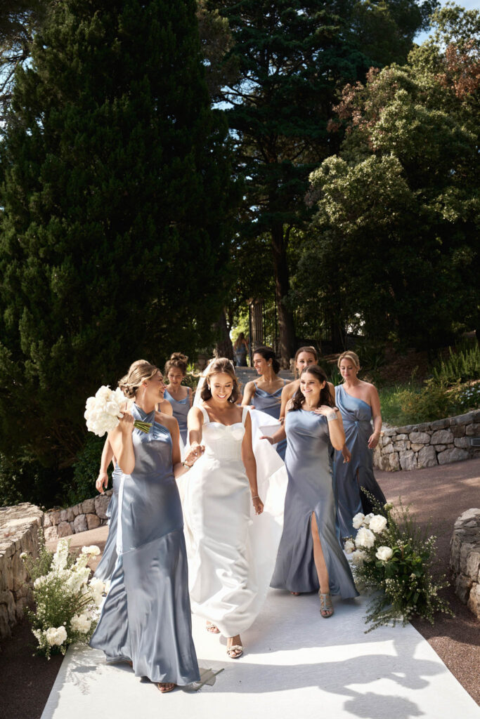 domaine du mont leuze vadim fasij french wedding style bride bridesmaids white flower dusty blue dress