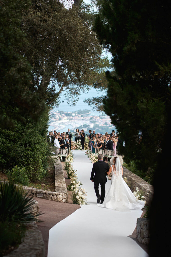 domaine du mont leuze vadim fasij french wedding style bride walking down flower aisle