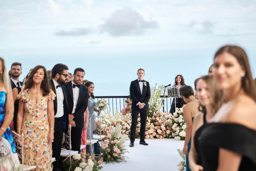 domaine du mont leuze vadim fasij french wedding style groom tuxedo aisle waiting flower background