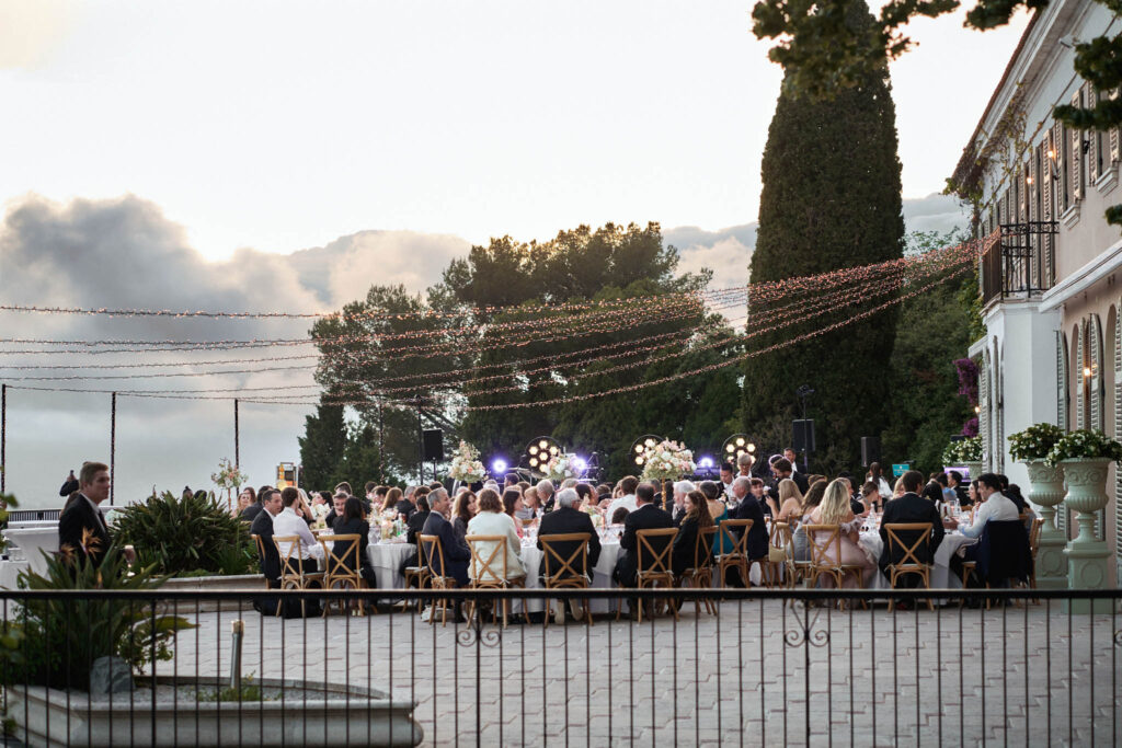 domaine du mont leuze vadim fasij french wedding style reception stringlights sitting guests