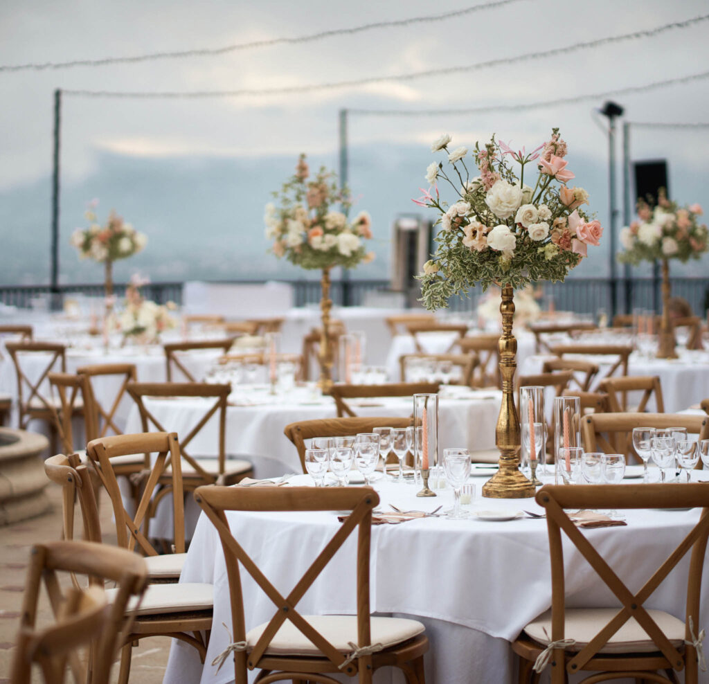 domaine du mont leuze vadim fasij french wedding style round table arrangement tall flower centerpiece