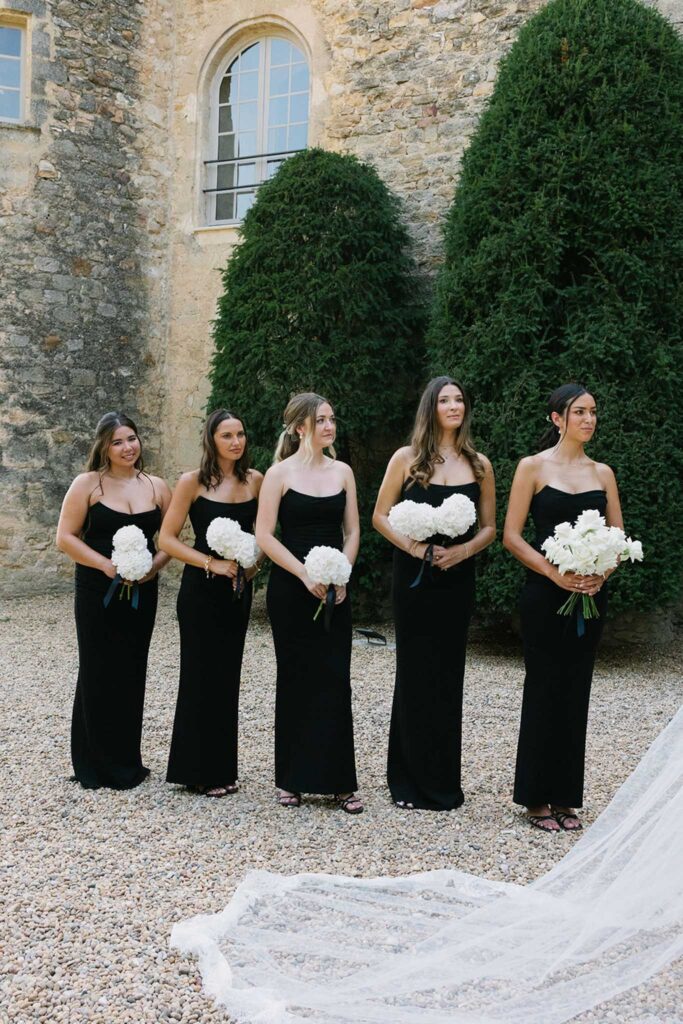 fontarech coveproduction bridesmaids black dress white bouquet