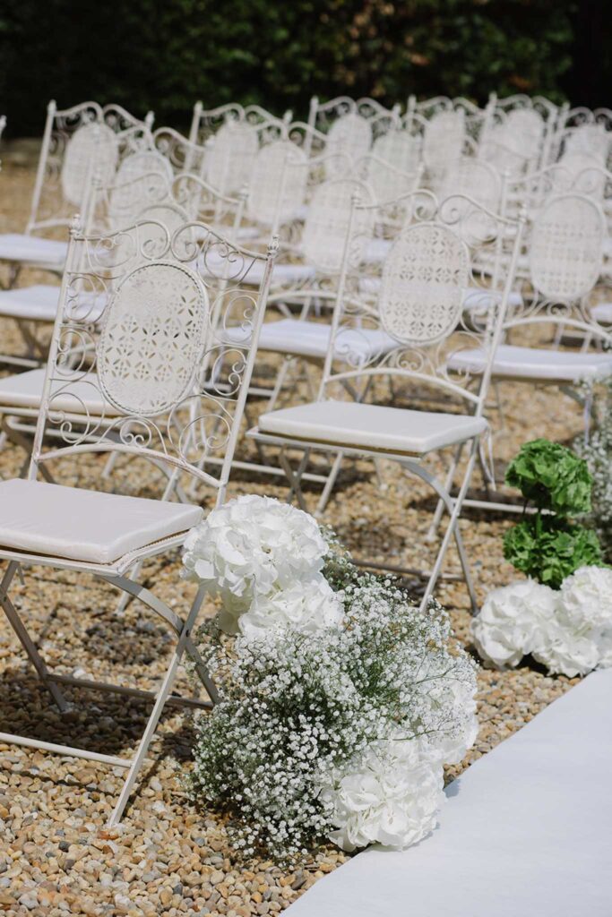 fontarech coveproduction ceremony white chair white flower aisle