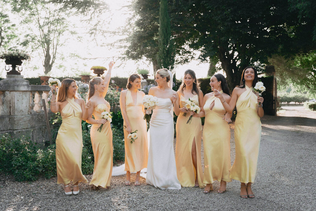 country gardens marjorie manfre french wedding style bride bridesmaids candid photo yellow satin dres