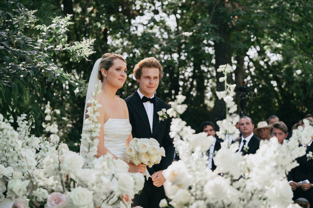 country gardens marjorie manfre french wedding style bride groom ceremony sitting white flowers