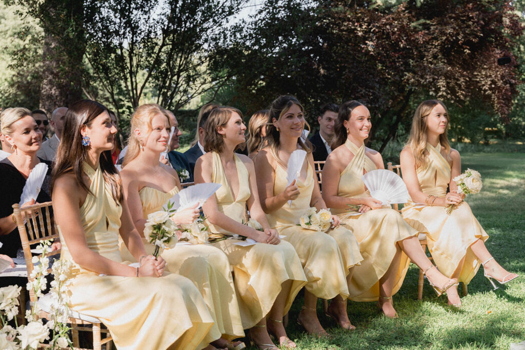 les jardin de campagne marjorie manfre french wedding style bridesmaid sitting ceremony yellow satin dress