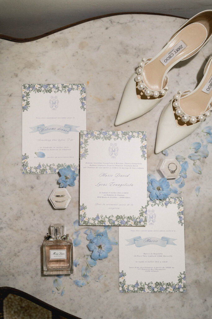 country gardens marjorie manfre french wedding style flatlay photo invitation bride shoes perfume