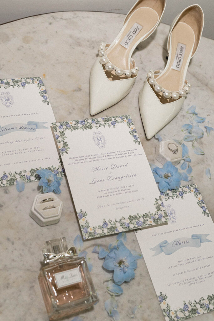 country gardens marjorie manfre french wedding style flatlay photo invitations perfume shoes bride