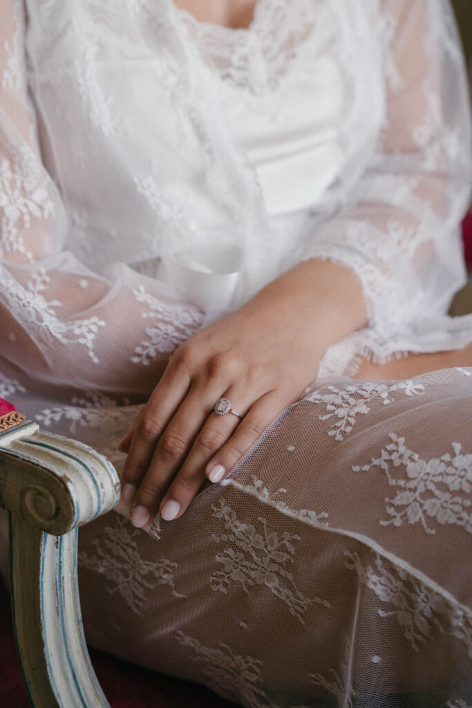 country gardens marjorie manfre french wedding style lace dress getting ready diamond engagement ring