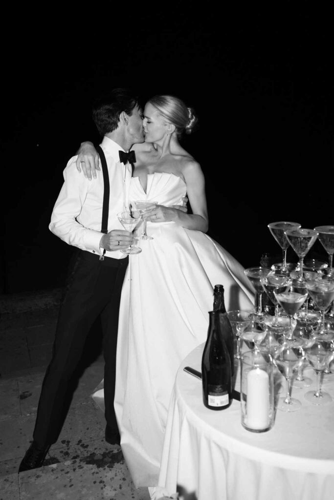 Villette Dream Paris Wedding bride groom kissing champagne tower