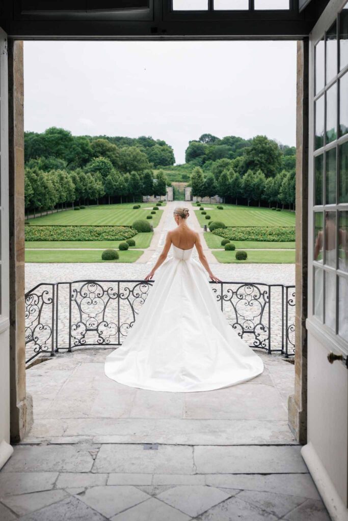 Villette Dream Paris Wedding bride in patio long trail gown