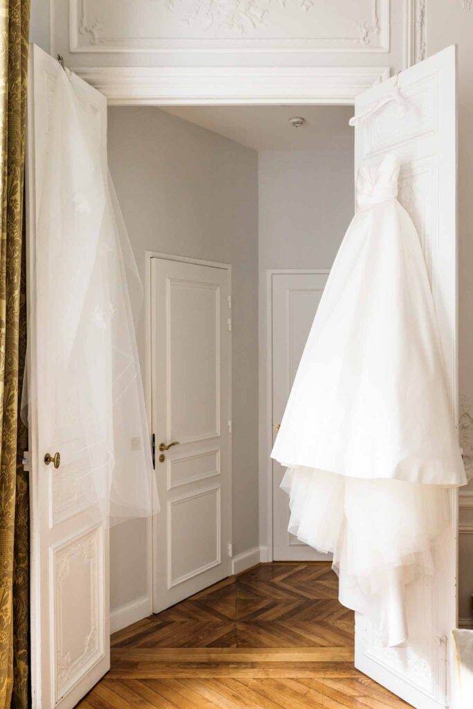 Villette Dream Paris Wedding white ball gown veil hanging