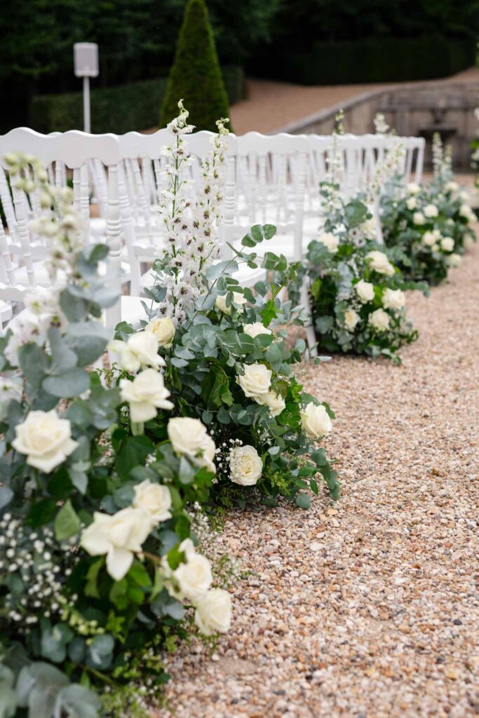 Villette Dream Paris Wedding white flowers along aisle ceremony