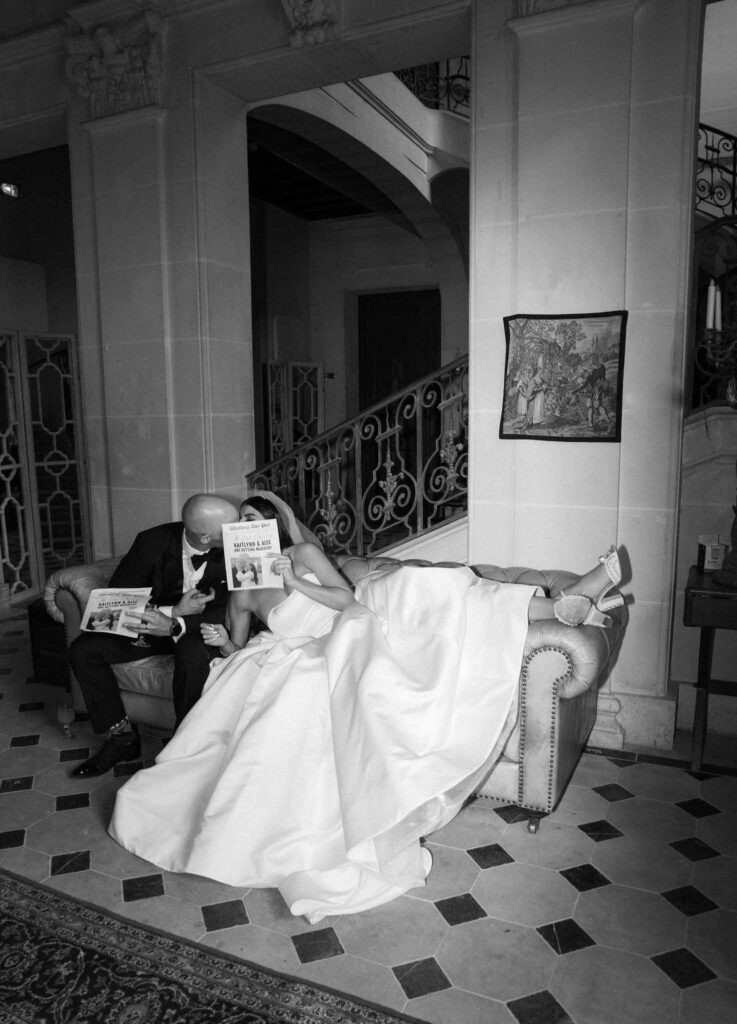 de Jalesne S.Lord bride groom kissing couch black white photo