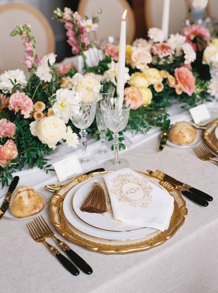 de Jalesne S.Lord formal table arrangement gold plate colorful centerpiece