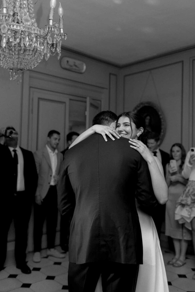 Boutonvillier F.Mary bride hugging groom while dancing black white photo