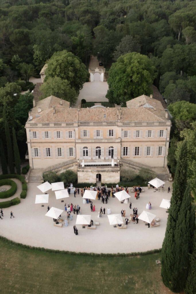 Chateau de Martinay Despinoy Wedding aerial shot vintage structure cocktail area