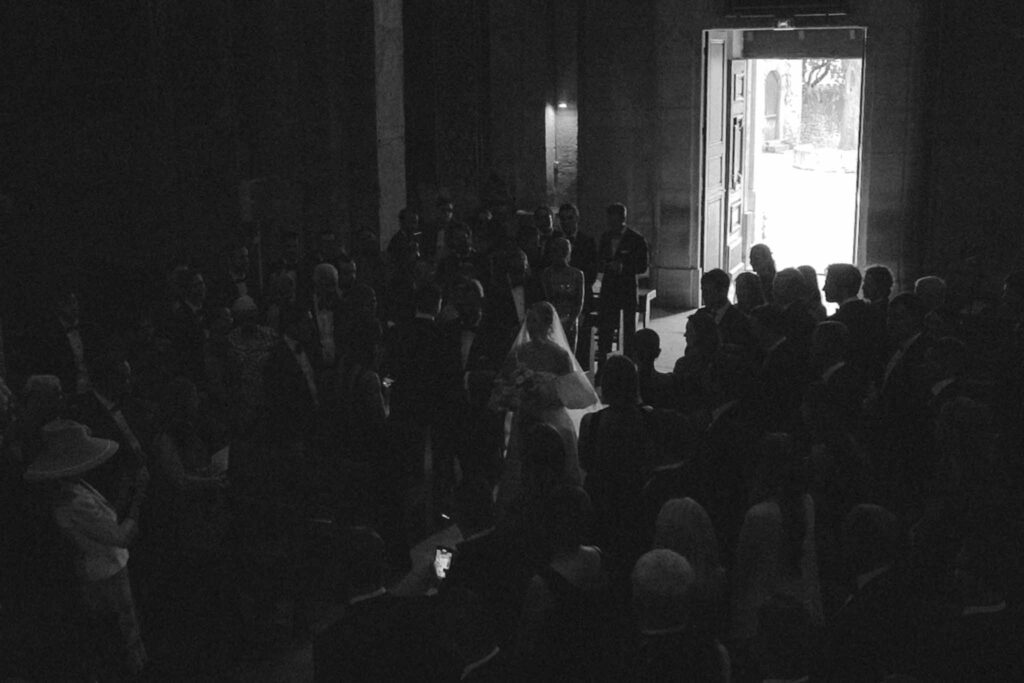 Chateau de Martinay Despinoy Wedding bride brides father guests standing up inside church