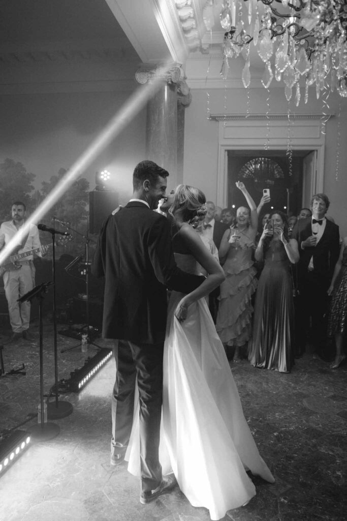 Chateau de Martinay Despinoy Wedding bride groom kissing dance floor black white photo