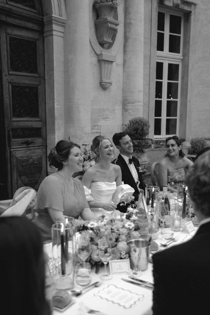 Chateau de Martinay Despinoy Wedding bride groom principal table some guests black white photo