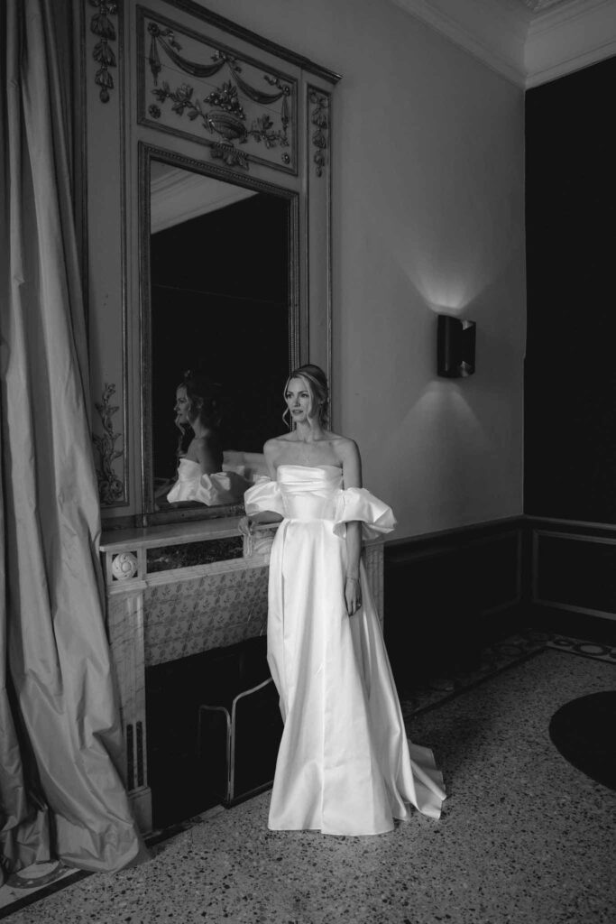 Chateau de Martinay Despinoy Wedding bride off shoulder dress vintage big mirror background