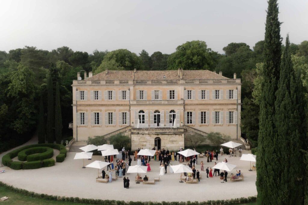 Chateau de Martinay Despinoy Wedding drone shot away venue guests standing