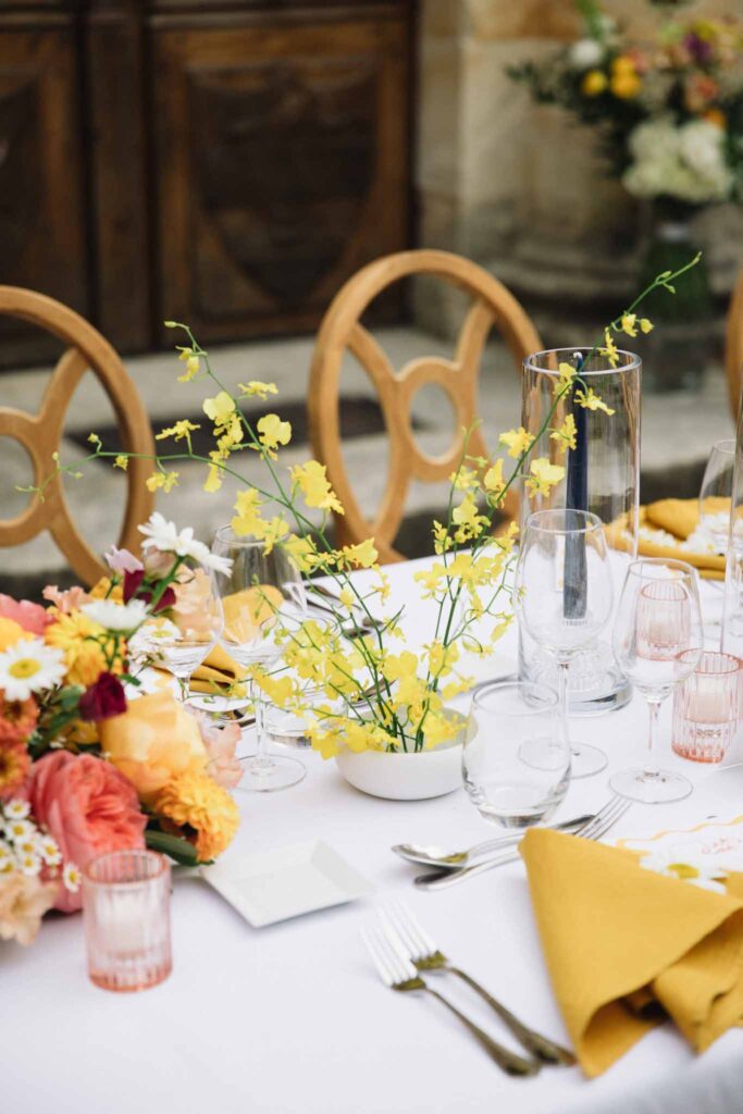 Chateau de Martinay Despinoy Wedding yellow flower centerpiece