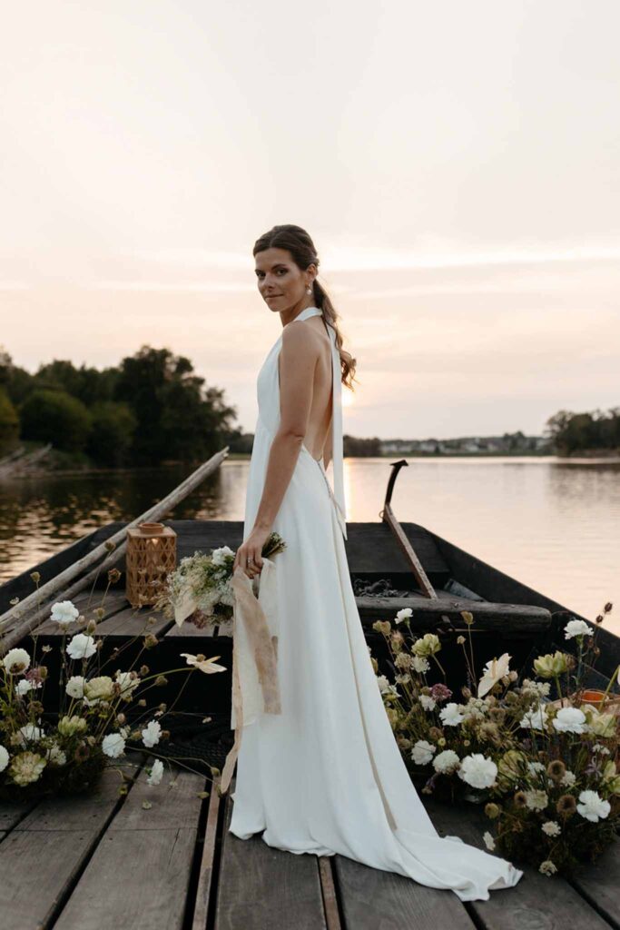 Loire Valley Il Keys bride halter backless white dress on boat river