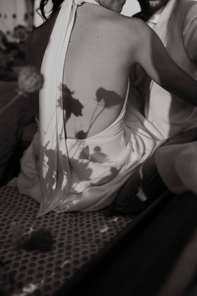 Loire Valley Il Keys detail shot backless dress bride flower silhouette black white photo