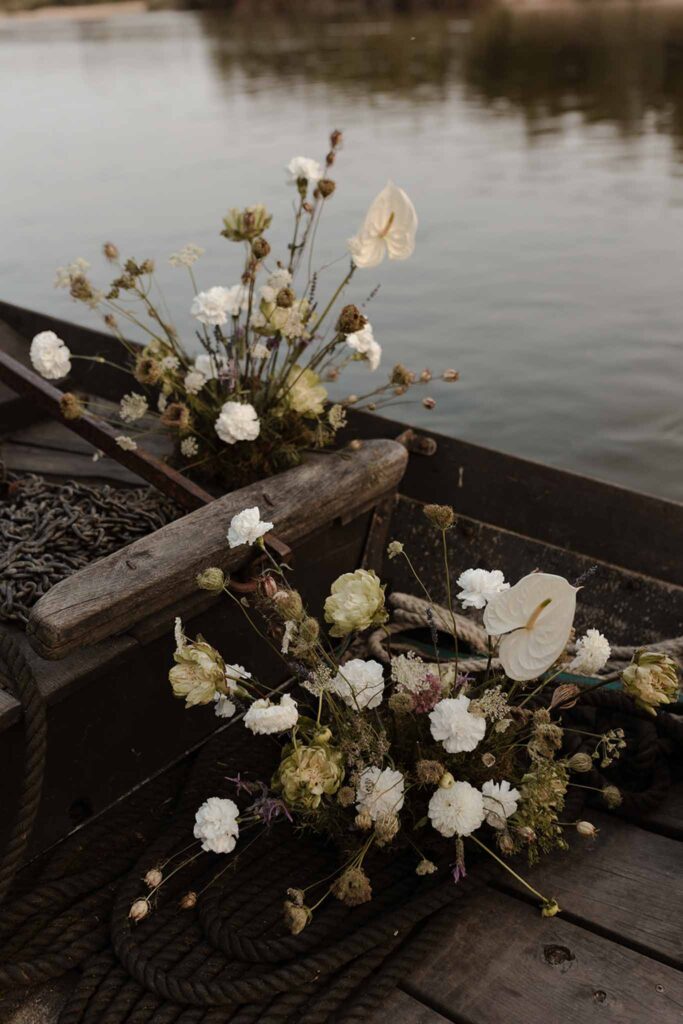 Loire Valley Il Keys detail shot white flower decor in boat