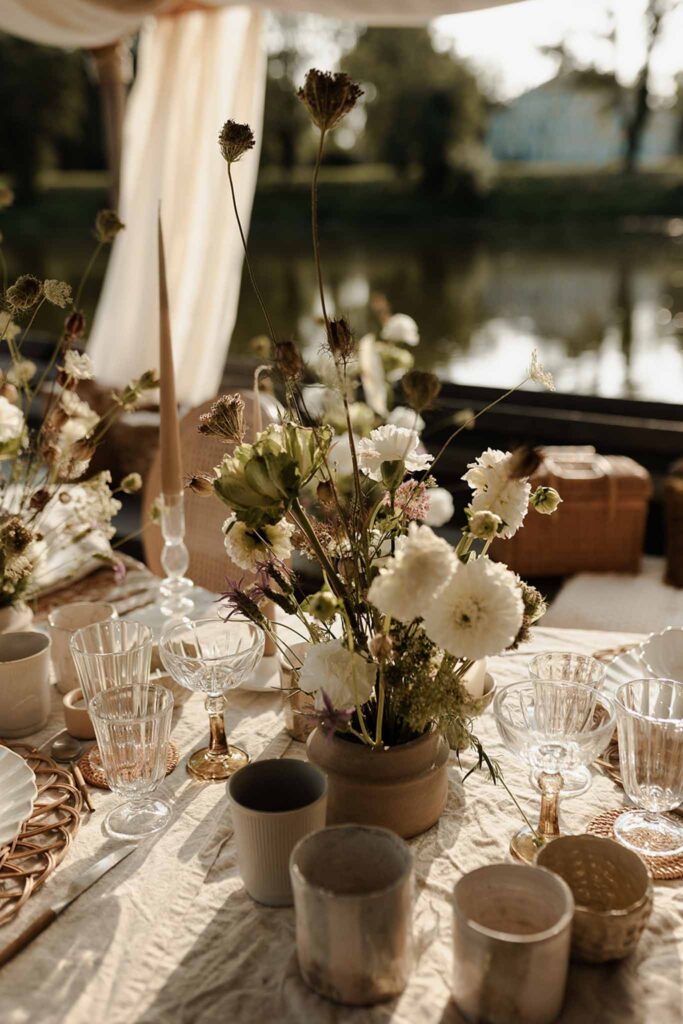 Loire Valley Il Keys white wild flowers centerpiece reception table