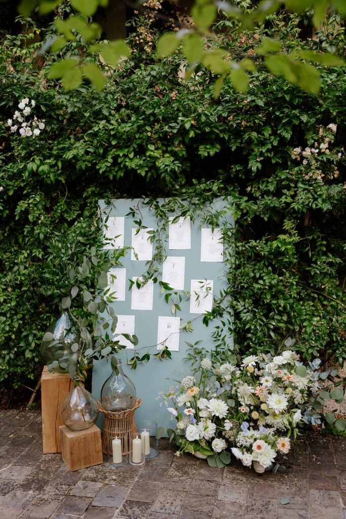 Mariage dime de giverny guests table assign board blush blue greenery background