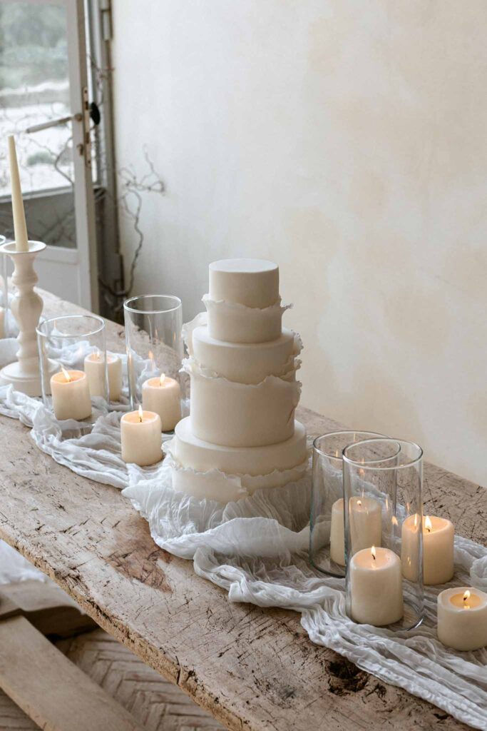 wedding cake and candlelit